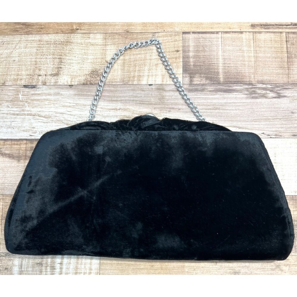 Vintage Black Velvet Evening Clutch With Silver Chain & Frame Classic Elegance S